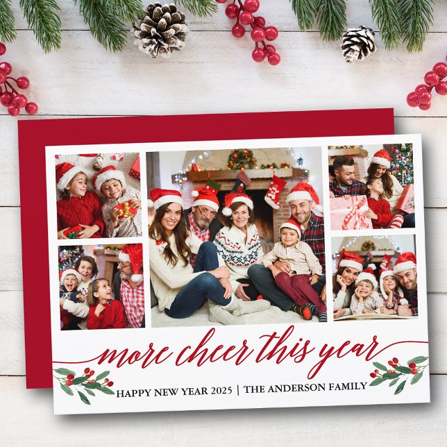 Calligraphy More Cheer This Year 5 Photo Red Holiday Card (Customize to add text to back of card.)