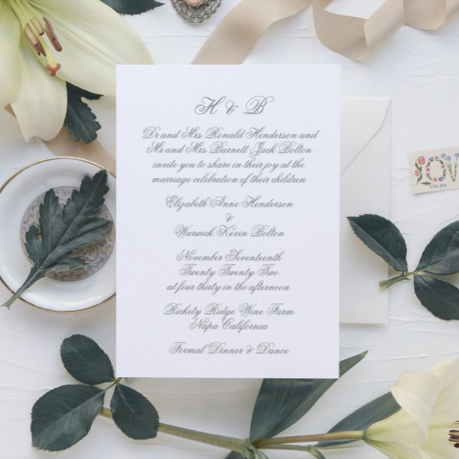 Calligraphy Moss Green & White Formal Wedding Invitation (Creator Uploaded)