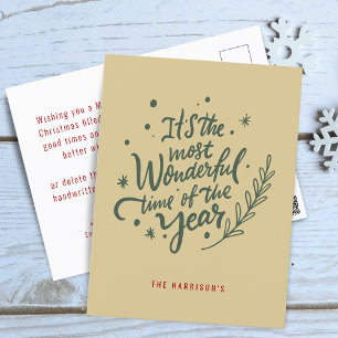 Calligraphy Most Wonderful Time Christmas Holiday Postcard
