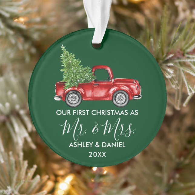 Calligraphy Mr. Mrs. Christmas Red Truck Green Ornament (Tree)