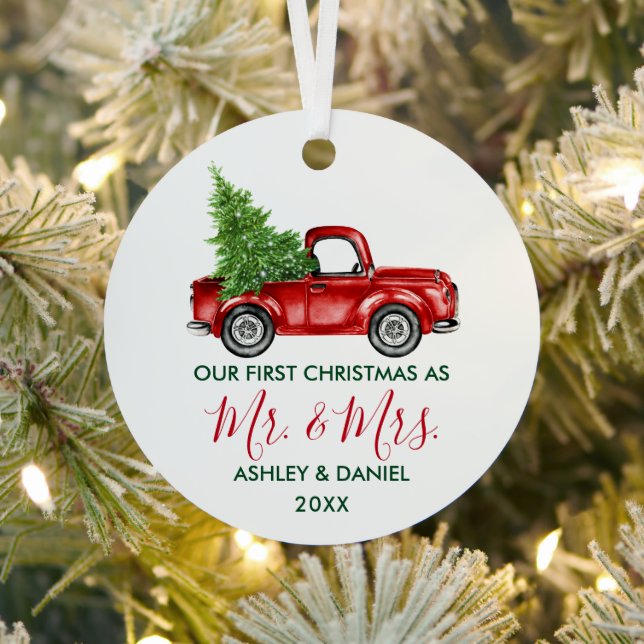 Calligraphy Mr. Mrs. Christmas Truck Red Green Metal Tree Decoration (Insitu)