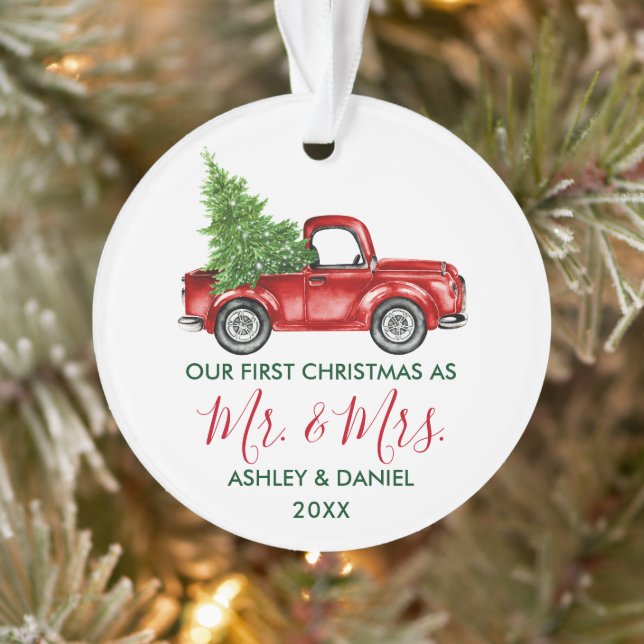 Calligraphy Mr. Mrs. Christmas Truck Red Green Ornament (Tree)