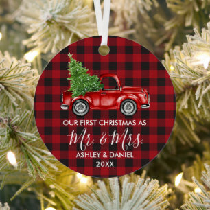 Calligraphy Mr. Mrs. Christmas Truck Red Plaid Metal Tree Decoration