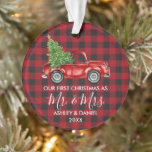 Calligraphy Mr. Mrs. Christmas Truck Red Plaid Ornament<br><div class="desc">Modern Calligraphy Script Our First Christmas as Mr. and Mrs. - Watercolor Vintage Red Truck Ornament - Red Buffalo Plaid</div>