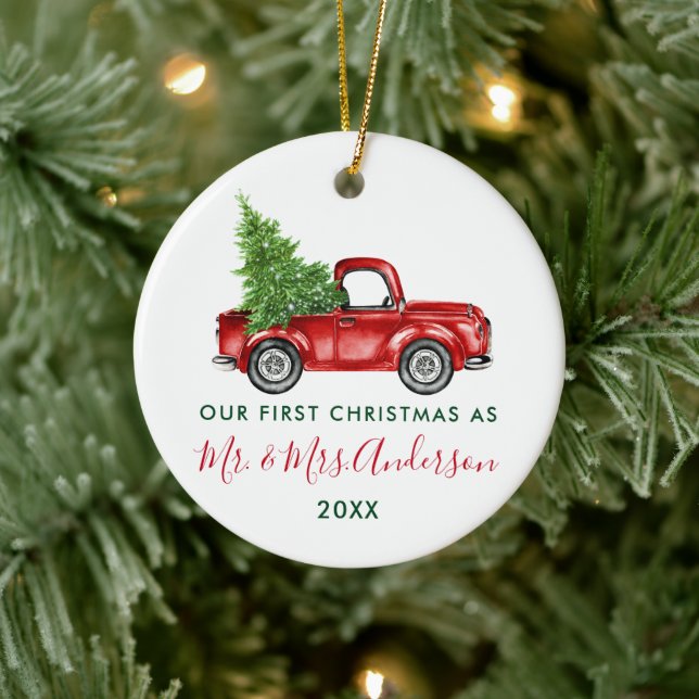 Calligraphy Mr. Mrs. First Christmas Red Truck  Ceramic Tree Decoration (Tree)