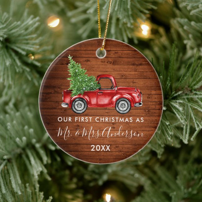 Calligraphy Mr. Mrs. First Christmas Wood Truck Ceramic Tree Decoration (Tree)