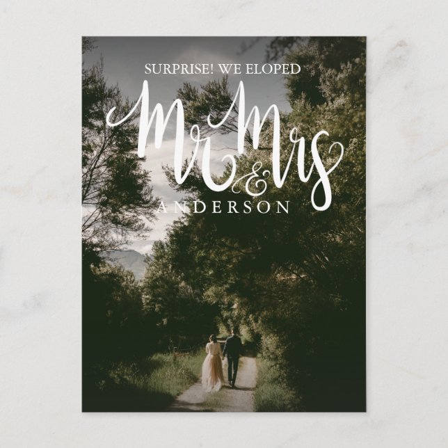 Calligraphy Mr Mrs Wedding Announcement Elopement Postcard (Front)