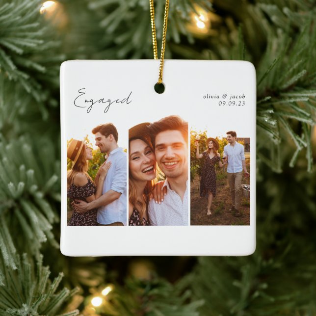 Calligraphy Multi Photo Engaged  Ceramic Ornament (Tree)