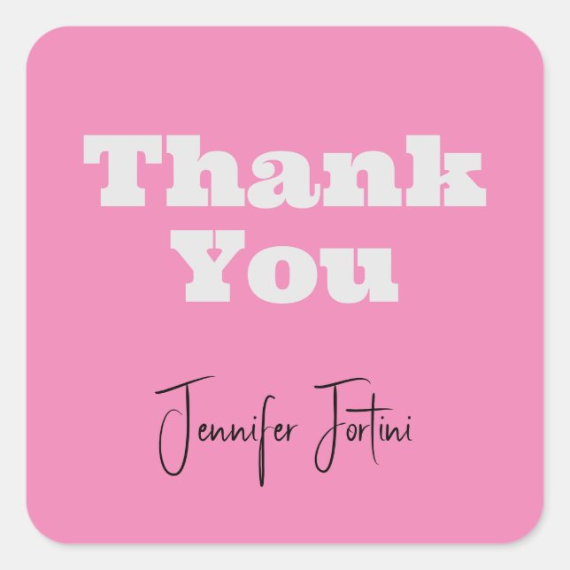 Calligraphy Name Elegant Pink Plain Thank You Square Sticker (Front)
