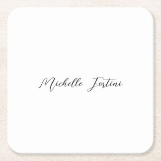 Calligraphy Name Elegant Plain Minimalist  Square Paper Coaster