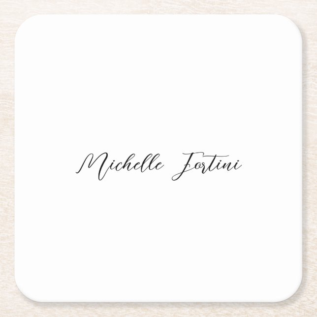 Calligraphy Name Elegant Plain Minimalist  Square Paper Coaster (Front)