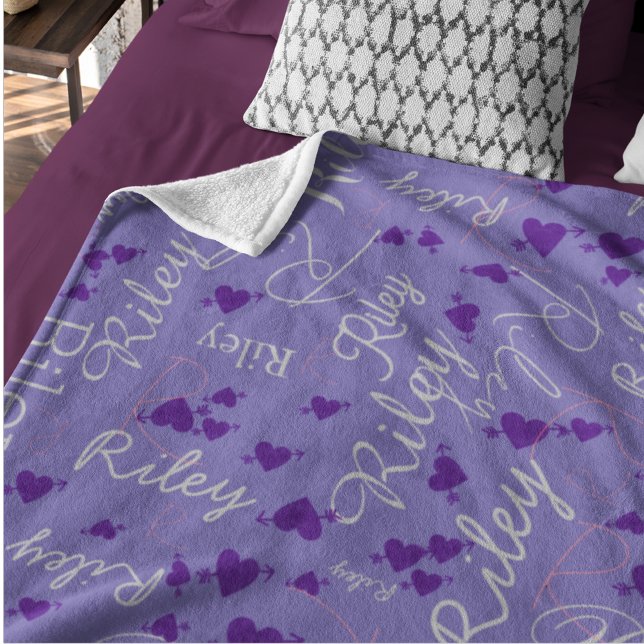 Calligraphy Name Initial Purple Hearts Periwinkle Fleece Blanket (Creator Uploaded)