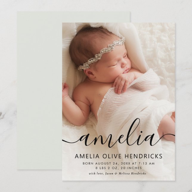 Calligraphy Name Photo Birth Announcement (Front/Back)