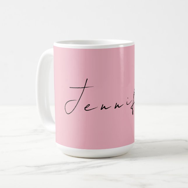 Calligraphy name professional plain pink feminine coffee mug (Front Left)