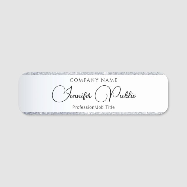 Calligraphy Name Tag Elegant Script Silver Glitter (Front)