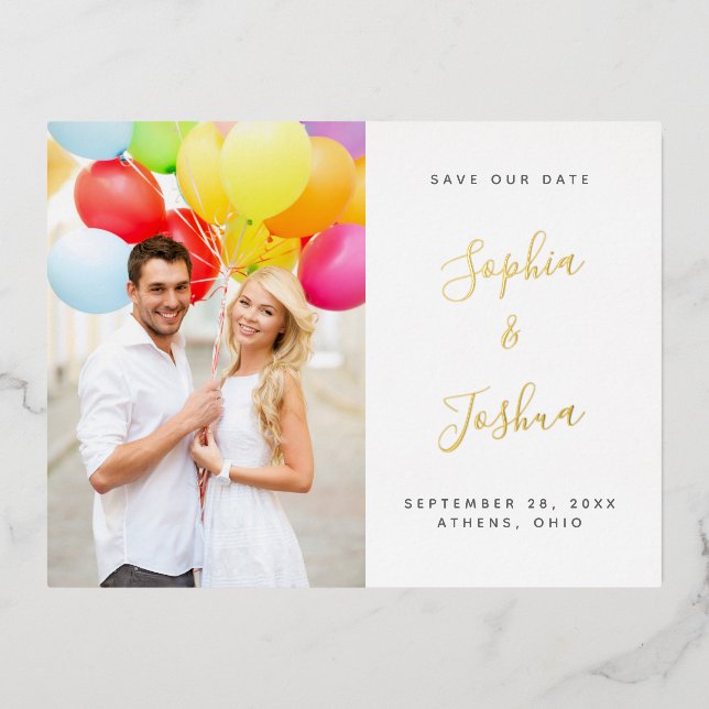 Calligraphy Names Photo Save the Date Gold Foil Invitation Postcard (Front)