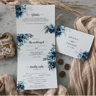 Calligraphy Navy Blue Floral Wedding Tri-Fold Invitation