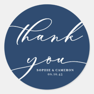 Calligraphy Navy Blue Wedding Thank You Classic Round Sticker