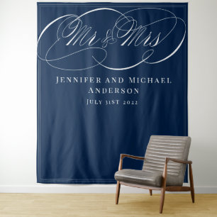 Calligraphy Navy Mr & Mrs Wedding Booth Backdrop Tapestry
