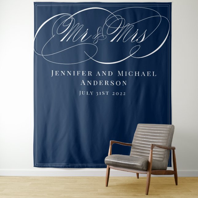 Calligraphy Navy Mr & Mrs Wedding Booth Backdrop Tapestry (In Situ)