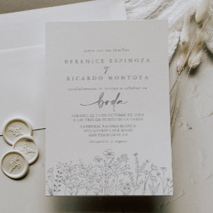 Calligraphy Neutral Wildflower Spanish Wedding Invitation