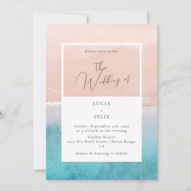 Calligraphy Ocean Deep Blue Beach Wedding Invitation (Front)