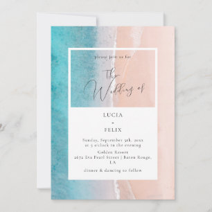 Calligraphy Ocean Deep Blue Beach Wedding Invitation