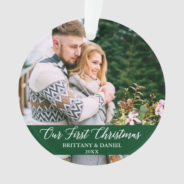 Calligraphy Our First Christmas Couple Green Ornament (Front)