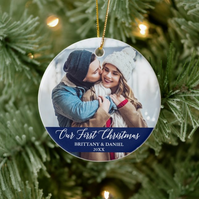 Calligraphy Our First Christmas Couple Photo Blue Ceramic Tree Decoration (Tree)