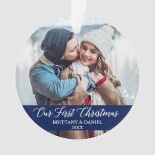 Calligraphy Our First Christmas Couple Photo Blue Ornament