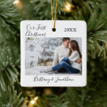 Calligraphy Our First Christmas Couple Photo  Ceramic Ornament<br><div class="desc">Modern Stylish Calligraphy Script,  Simple Minimalist,  Our First Christmas Couple Photo Christmas Ceramic Ornament</div>