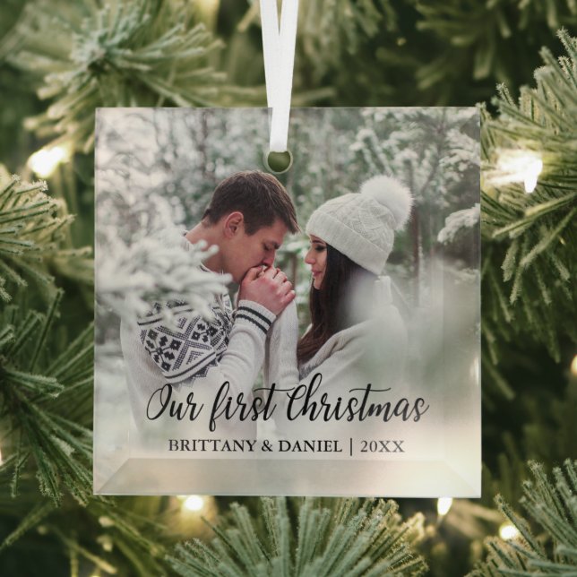 Calligraphy Our First Christmas Couple Photo Glass Tree Decoration (Insitu)