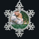 Calligraphy Our First Christmas Couple Photo Green Snowflake Pewter Christmas Ornament<br><div class="desc">Elegant Calligraphy Script Our First Christmas Couple Photo Green Snowflake Ornament</div>