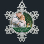 Calligraphy Our First Christmas Couple Photo Green Snowflake Pewter Christmas Ornament<br><div class="desc">Elegant Calligraphy Script Our First Christmas Couple Photo Green Snowflake Ornament</div>