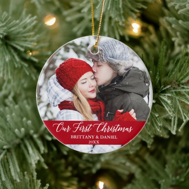 Calligraphy Our First Christmas Couple Photo Red Ceramic Tree Decoration (Tree)