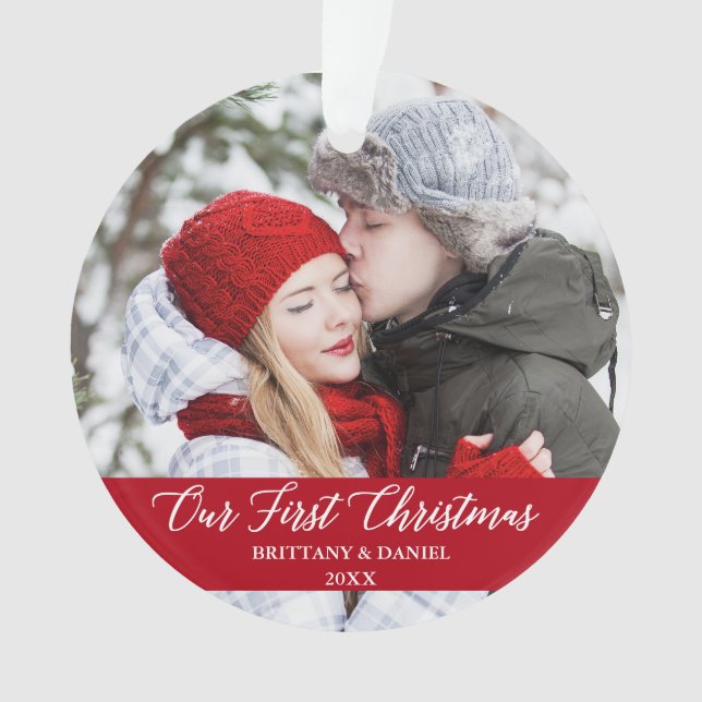 Calligraphy Our First Christmas Couple Photo Red Ornament (Front)