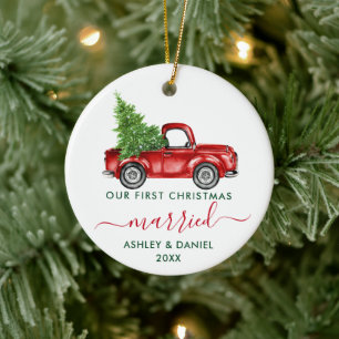 Calligraphy Our First Christmas Married Red Truck Ceramic Tree Decoration