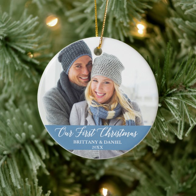 Calligraphy Our First Christmas Photo Light Blue Ceramic Tree Decoration (Tree)