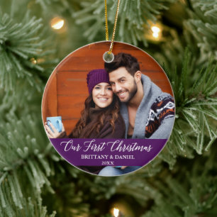 Calligraphy Our First Christmas Photo Purple Ceramic Tree Decoration