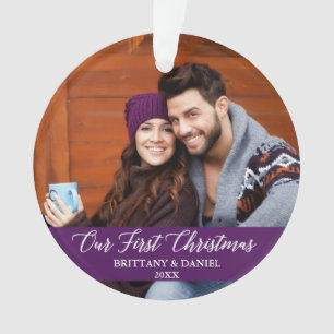 Calligraphy Our First Christmas Photo Purple Ornament