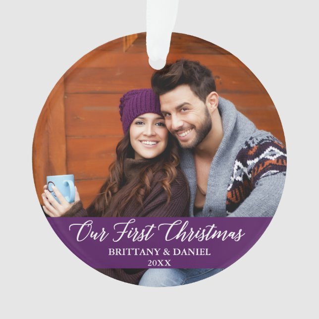 Calligraphy Our First Christmas Photo Purple Ornament (Front)