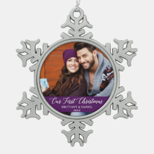 Calligraphy Our First Christmas Photo Purple Snowflake Pewter Christmas Ornament