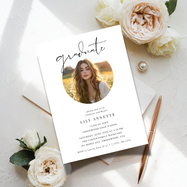 Calligraphy Oval Photo Budget Graduation Party Invitation (Creator Uploaded)