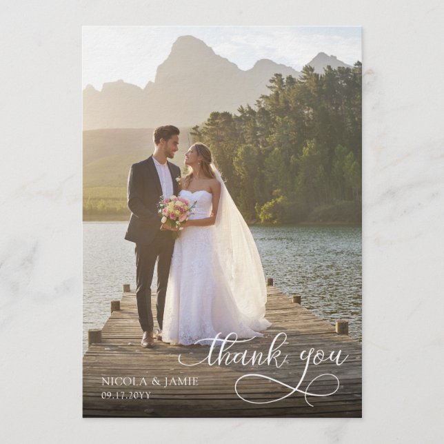 Calligraphy Overlay 2 Wedding Photo Thank You Card (Front)
