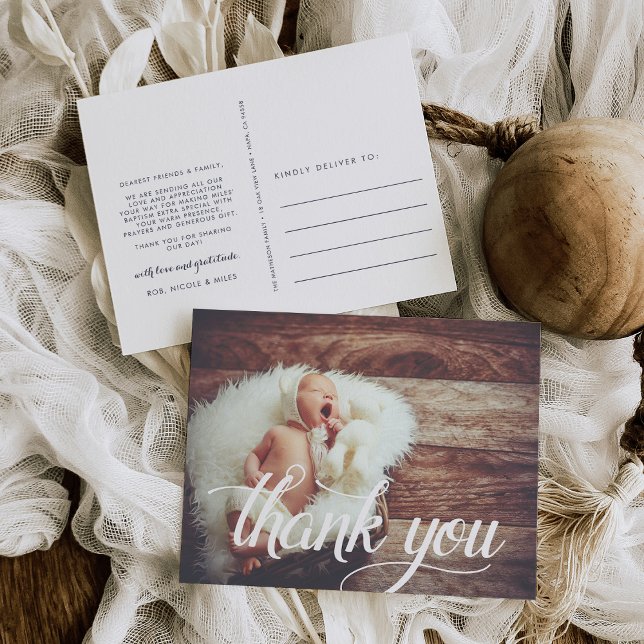 Calligraphy Overlay | Photo Christening Thank You Postcard (Creator Uploaded)