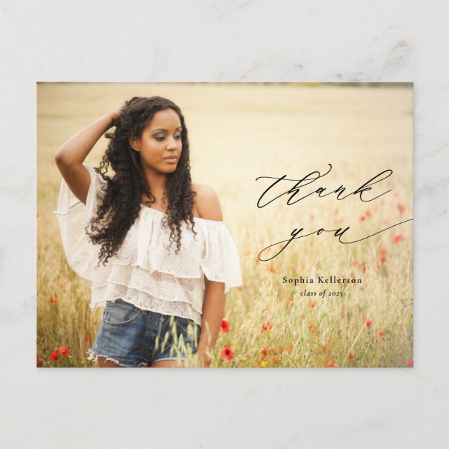 Calligraphy Overlay Photo Graduation Thank You Postcard (Front)