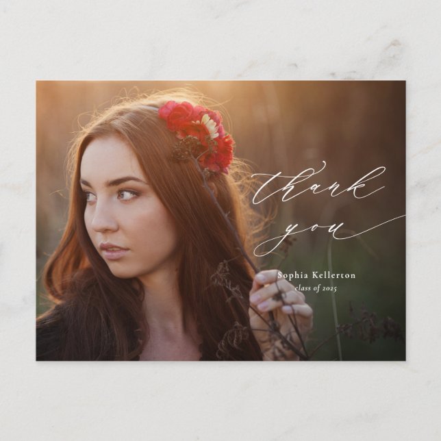 Calligraphy Overlay Photo Graduation Thank You Postcard (Front)