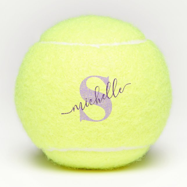 Calligraphy Personalised Monogram Name Purple Tennis Balls (Front)