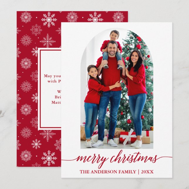 Calligraphy Photo Arch Christmas Snowflakes Red Holiday Card (Front/Back)