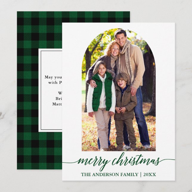 Calligraphy Photo Arch Green Plaid Christmas Holiday Card (Front/Back)